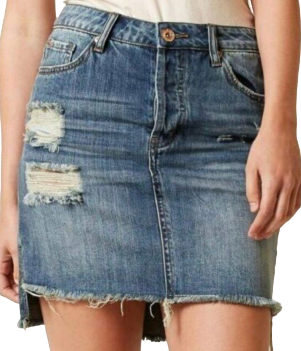 NEW BAND OF GYPSIES BOG ELLA STEP DESTRUCTED DENIM JEAN SKIRT SIZE 25 BUCKLE